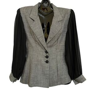 Vintage Koji Yohji Gray Faux-Tweed Blazer with Black Chiffon Puff Sleeves